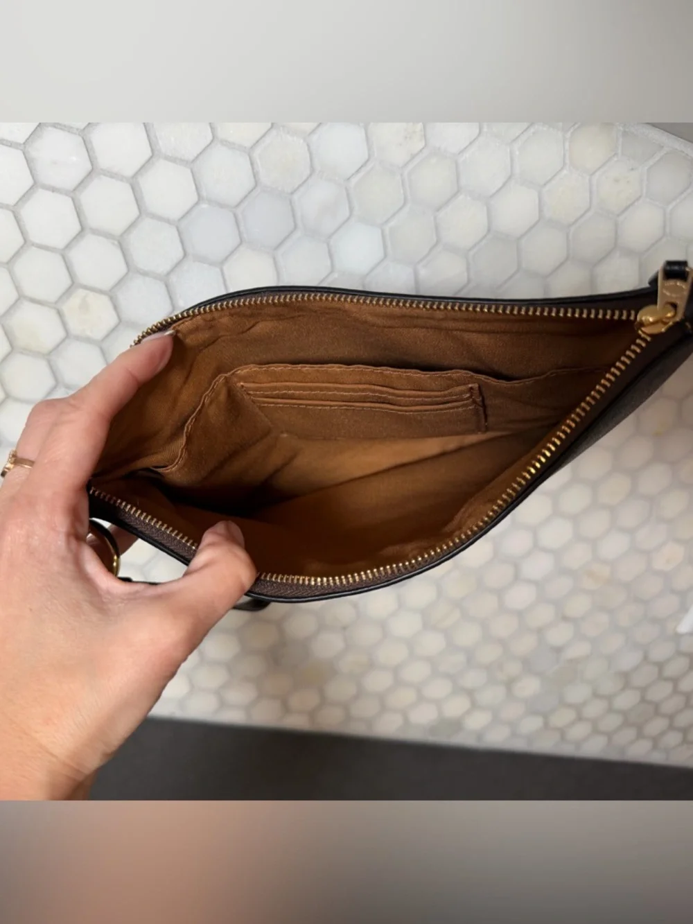 Coach Large PVC Signature Canvas Zip Wristlet Clutch with Gold Hardware EUC
